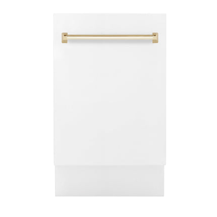 ZLINE Autograph Edition 18” Tallac Series 3rd Rack Top Control Built-In Dishwasher in White Matte with Polished Gold Handle, 51dBa (DWVZ-WM-18-G)
