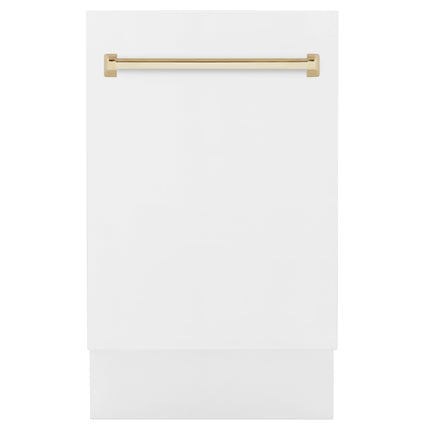 ZLINE Autograph Edition 18” Tallac Series 3rd Rack Top Control Built-In Dishwasher in White Matte with Polished Gold Handle, 51dBa (DWVZ-WM-18-G)