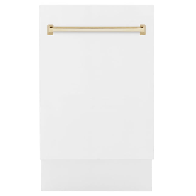 ZLINE Autograph Edition 18” Tallac Series 3rd Rack Top Control Built-In Dishwasher in White Matte with Polished Gold Handle, 51dBa (DWVZ-WM-18-G)