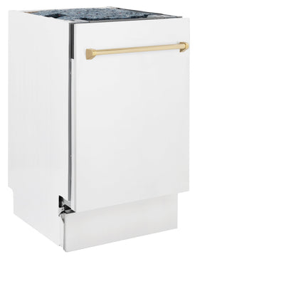 ZLINE Autograph Edition 18” Tallac Series 3rd Rack Top Control Built-In Dishwasher in White Matte with Polished Gold Handle, 51dBa (DWVZ-WM-18-G)
