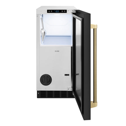 ZLINE Autograph Edition 15 in. Touchstone Clear Cube Ice Maker with Drain Pump and Black Stainless Steel Door with Champagne Bronze Helix Handle (ICCDZ-BS-15-KCB)