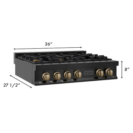 ZLINE Autograph Edition 36 in. Legacy Gas Rangetop with 6 Burners and Porcelain Cooktop in Black Stainless Steel with Champagne Bronze Accents (RTBZ-36-CB)
