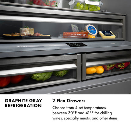 ZLINE Autograph Edition 36 in. 19.6 cu. ft. French Door Built-In Bottom Freezer Refrigerator with Water Dispenser and Ice Maker in Stainless Steel with Graphite Gray Interior and Champagne Bronze Helix Handles (GRBIVZ-30436KCB)