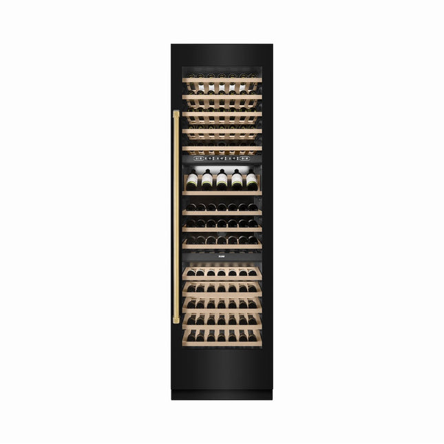 ZLINE Autograph Edition 24 in. 12.4 cu. ft. Triple Zone 100 Bottle Column Wine Cooler in Black Stainless Steel and Polished Gold Accents (RCWVZ-BS-24-G)