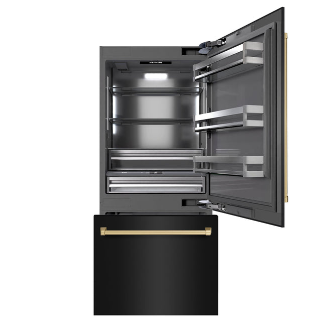 ZLINE Autograph Edition 36 in. 19.8 cu. ft. Built-In Bottom Freezer Refrigerator with Water Dispenser and Ice Maker in Black Stainless Steel with Graphite Gray Interior and Champagne Bronze Accents (GRBITZ-BS-36-CB)