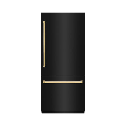 ZLINE Autograph Edition 36 in. 19.8 cu. ft. Built-In Bottom Freezer Refrigerator with Water Dispenser and Ice Maker in Black Stainless Steel with Graphite Gray Interior and Polished Gold Accents (GRBITZ-BS-36-G)