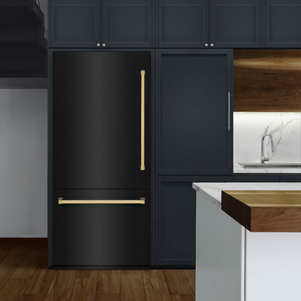 ZLINE Autograph Edition 36 in. 19.8 cu. ft. Built-In Bottom Freezer Refrigerator with Water Dispenser and Ice Maker in Black Stainless Steel with Graphite Gray Interior and Polished Gold Accents (GRBITZ-BS-36-G)