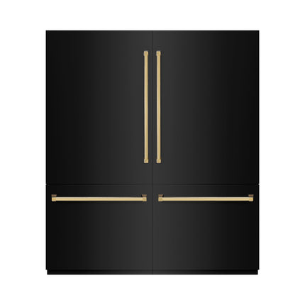 ZLINE Autograph Edition 72 in. 39.6 cu. ft. French Door Built-In Bottom Freezer Refrigerator with Water Dispensers and Ice Makers in Black Stainless Steel with Graphite Gray Interior and Polished Gold Accents (GRBITZ-BS-72-G)