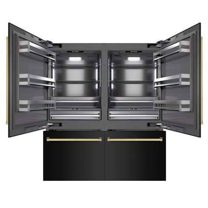 ZLINE Autograph Edition 72 in. 39.6 cu. ft. French Door Built-In Bottom Freezer Refrigerator with Water Dispensers and Ice Makers in Black Stainless Steel with Graphite Gray Interior and Polished Gold Accents (GRBITZ-BS-72-G)