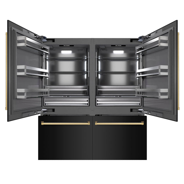 ZLINE Autograph Edition 72 in. 39.6 cu. ft. French Door Built-In Bottom Freezer Refrigerator with Water Dispensers and Ice Makers in Black Stainless Steel with Graphite Gray Interior and Polished Gold Accents (GRBITZ-BS-72-G)