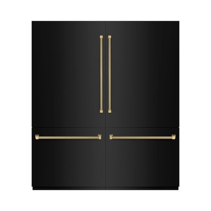 ZLINE Autograph Edition 72 in. 39.6 cu. ft. French Door Built-In Bottom Freezer Refrigerator with Water Dispensers and Ice Makers in Black Stainless Steel with Graphite Gray Interior and Champagne Bronze Helix Handles (GRBITZ-BS72-KCB)