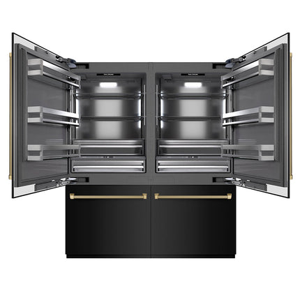 ZLINE Autograph Edition 72 in. 39.6 cu. ft. French Door Built-In Bottom Freezer Refrigerator with Water Dispensers and Ice Makers in Black Stainless Steel with Graphite Gray Interior and Champagne Bronze Helix Handles (GRBITZ-BS72-KCB)