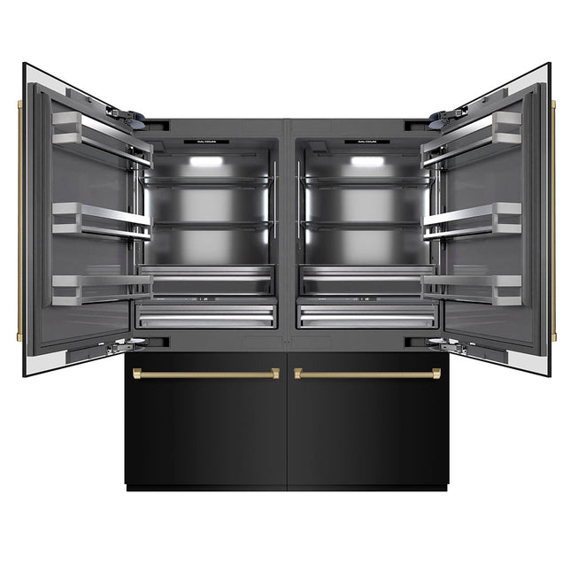 ZLINE Autograph Edition 72 in. 39.6 cu. ft. French Door Built-In Bottom Freezer Refrigerator with Water Dispensers and Ice Makers in Black Stainless Steel with Graphite Gray Interior and Champagne Bronze Helix Handles (GRBITZ-BS72-KCB)