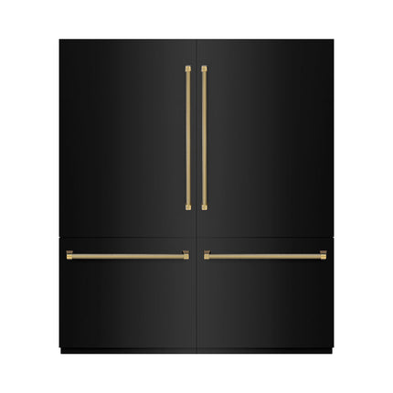 ZLINE Autograph Edition 72 in. 39.6 cu. ft. French Door Built-In Bottom Freezer Refrigerator with Water Dispensers and Ice Makers in Black Stainless Steel with Graphite Gray Interior and Polished Gold Helix Handles (GRBITZ-BS-72-KG)