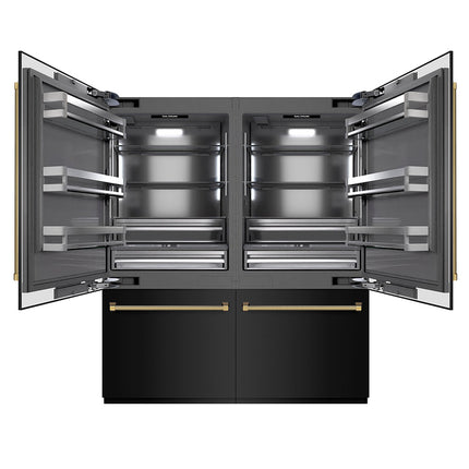 ZLINE Autograph Edition 72 in. 39.6 cu. ft. French Door Built-In Bottom Freezer Refrigerator with Water Dispensers and Ice Makers in Black Stainless Steel with Graphite Gray Interior and Polished Gold Helix Handles (GRBITZ-BS-72-KG)