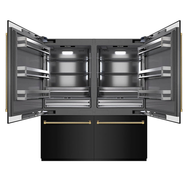 ZLINE Autograph Edition 72 in. 39.6 cu. ft. French Door Built-In Bottom Freezer Refrigerator with Water Dispensers and Ice Makers in Black Stainless Steel with Graphite Gray Interior and Polished Gold Helix Handles (GRBITZ-BS-72-KG)