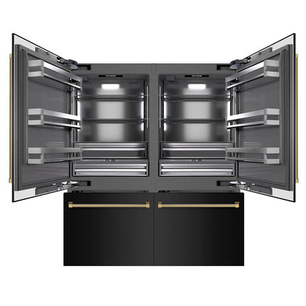 ZLINE Autograph Edition 72 in. 39.6 cu. ft. French Door Built-In Bottom Freezer Refrigerator with Water Dispensers and Ice Makers in Black Stainless Steel with Graphite Gray Interior and Polished Gold Helix Handles (GRBITZ-BS-72-KG)