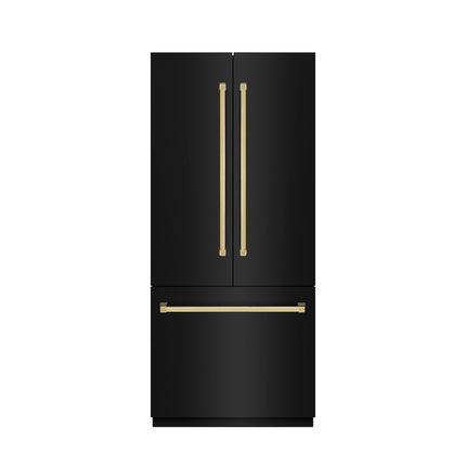 ZLINE Autograph Edition 36 in. 19.6 cu. ft. French Door Built-In Bottom Freezer Refrigerator with Water Dispenser and Ice Maker in Black Stainless Steel with Graphite Gray Interior and Polished Gold Accents (GRBIVZ-BS-36-G)