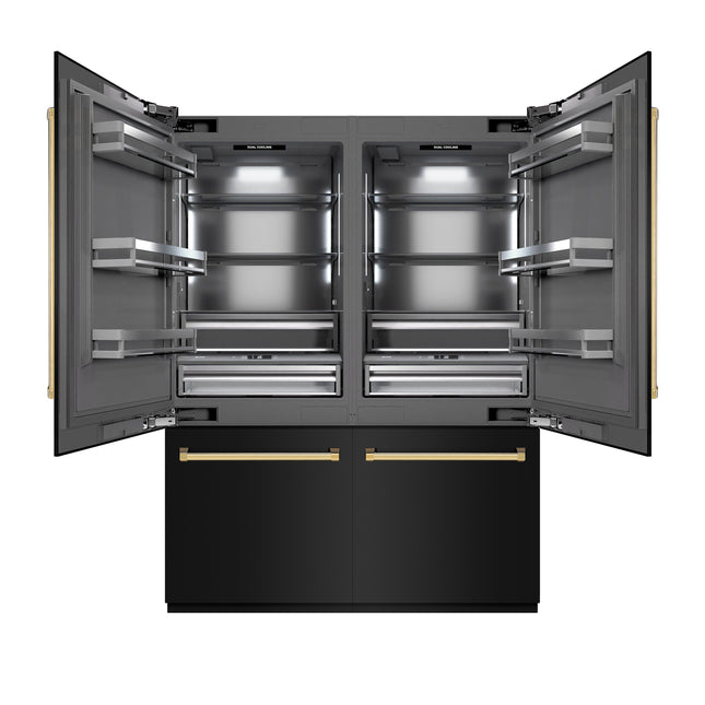ZLINE Autograph Edition 60 in. 32.2 cu. ft. French Door Built-In Bottom Freezer Refrigerator with Water Dispenser and Ice Maker in Black Stainless Steel with Graphite Gray Interior and Polished Gold Accents (GRBIVZ-BS-60-G)