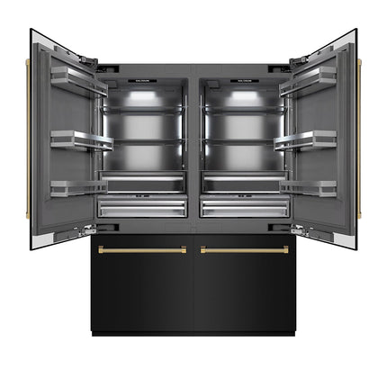 ZLINE Autograph Edition 60 in. 32.2 cu. ft. French Door Built-In Bottom Freezer Refrigerator with Water Dispenser and Ice Maker in Black Stainless Steel with Graphite Gray Interior and Polished Gold Helix Handles (GRBIVZ-BS60KG)