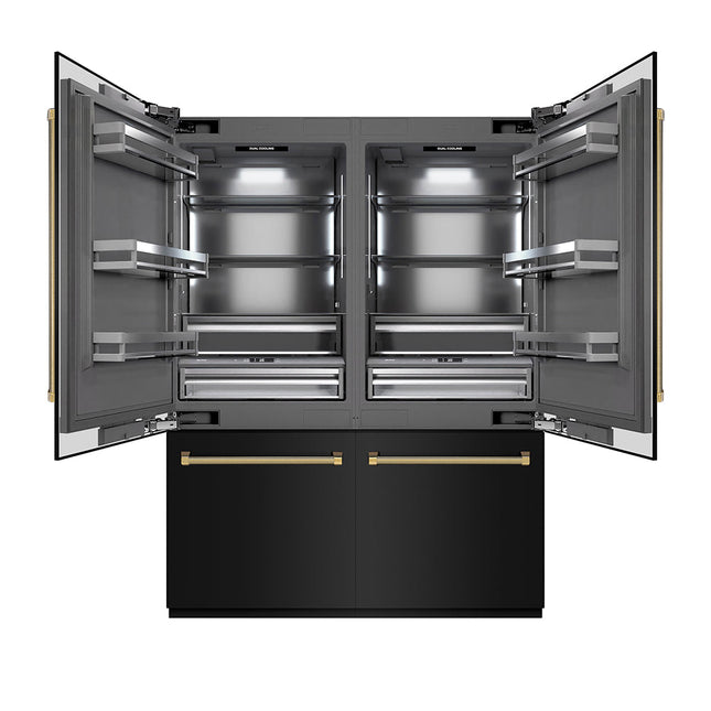ZLINE Autograph Edition 60 in. 32.2 cu. ft. French Door Built-In Bottom Freezer Refrigerator with Water Dispenser and Ice Maker in Black Stainless Steel with Graphite Gray Interior and Polished Gold Helix Handles (GRBIVZ-BS60KG)