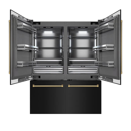 ZLINE Autograph Edition 60 in. 32.2 cu. ft. French Door Built-In Bottom Freezer Refrigerator with Water Dispenser and Ice Maker in Black Stainless Steel with Graphite Gray Interior and Polished Gold Helix Handles (GRBIVZ-BS60KG)