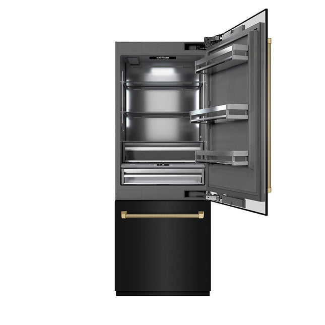ZLINE Autograph Edition 30 in. 16.1 cu. ft. Built-In Bottom Freezer Refrigerator with Water Dispenser and Ice Maker in Black Stainless Steel with Graphite Gray Interior and Champagne Bronze Helix Handles (GRBIVZ-BS30KCB)