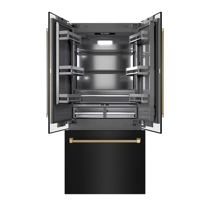 ZLINE Autograph Edition 36 in. 19.6 cu. ft. French Door Built-In Bottom Freezer Refrigerator with Water Dispenser and Ice Maker in Black Stainless Steel with Graphite Gray Interior and Champagne Bronze Helix Handles (GRBIVZ-BS36KCB)