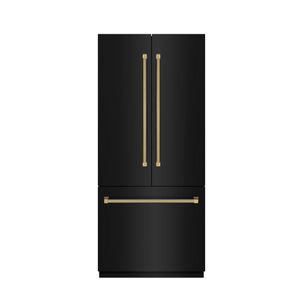 ZLINE Autograph Edition 36 in. 19.6 cu. ft. French Door Built-In Bottom Freezer Refrigerator with Water Dispenser and Ice Maker in Black Stainless Steel with Graphite Gray Interior and Polished Gold Helix Handles (GRBIVZ-BS36KG)