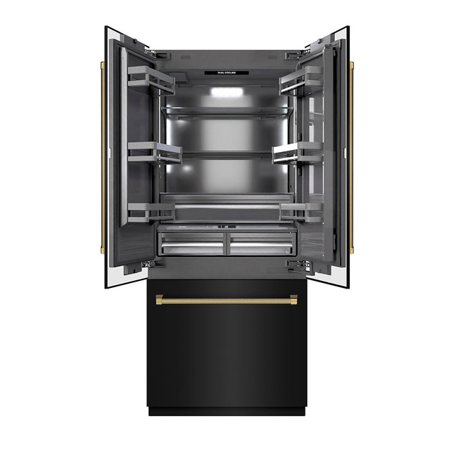 ZLINE Autograph Edition 36 in. 19.6 cu. ft. French Door Built-In Bottom Freezer Refrigerator with Water Dispenser and Ice Maker in Black Stainless Steel with Graphite Gray Interior and Polished Gold Helix Handles (GRBIVZ-BS36KG)