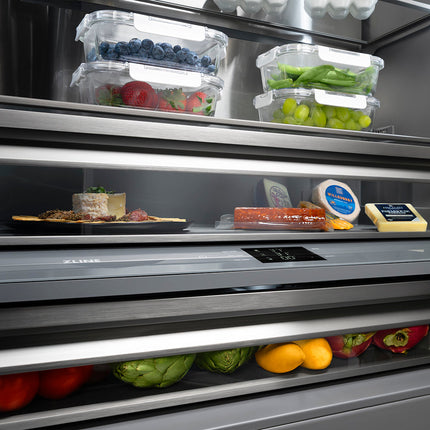 ZLINE Autograph Edition 60 in. 32.2 cu. ft. French Door Built-In Bottom Freezer Refrigerator with Water Dispenser and Ice Maker in Black Stainless Steel with Graphite Gray Interior and Champagne Bronze Helix Handles (GRBIVZ-BS60KCB)