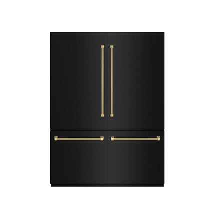 ZLINE Autograph Edition 60 in. 32.2 cu. ft. French Door Built-In Bottom Freezer Refrigerator with Water Dispenser and Ice Maker in Black Stainless Steel with Graphite Gray Interior and Champagne Bronze Helix Handles (GRBIVZ-BS60KCB)