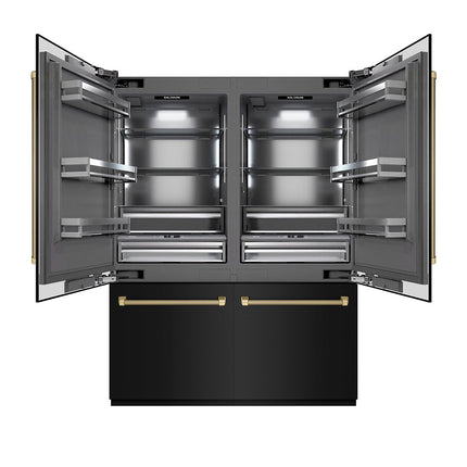 ZLINE Autograph Edition 60 in. 32.2 cu. ft. French Door Built-In Bottom Freezer Refrigerator with Water Dispenser and Ice Maker in Black Stainless Steel with Graphite Gray Interior and Champagne Bronze Helix Handles (GRBIVZ-BS60KCB)