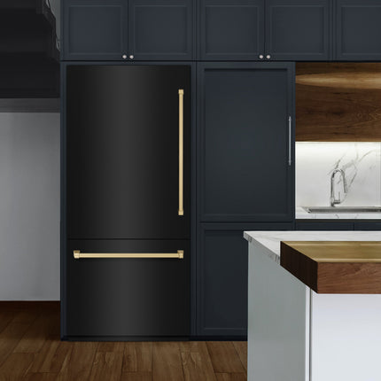 ZLINE Autograph Edition 36 in. 19.8 cu. ft. Built-In Bottom Freezer Refrigerator with Water Dispenser and Ice Maker in Black Stainless Steel and Champagne Bronze Accents (RBITZ-BS-36-CB)