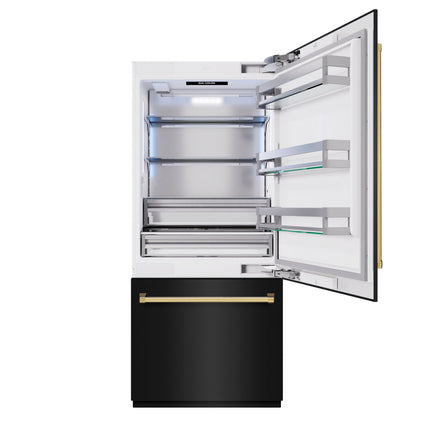 ZLINE Autograph Edition 36 in. 19.8 cu. ft. Built-In Bottom Freezer Refrigerator with Water Dispenser and Ice Maker in Black Stainless Steel and Polished Gold Accents (RBITZ-BS-36-G)