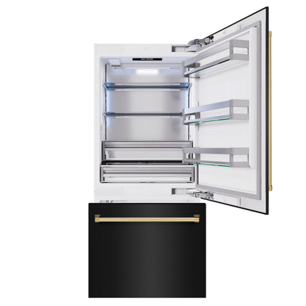 ZLINE Autograph Edition 36 in. 19.8 cu. ft. Built-In Bottom Freezer Refrigerator with Water Dispenser and Ice Maker in Black Stainless Steel and Polished Gold Accents (RBITZ-BS-36-G)