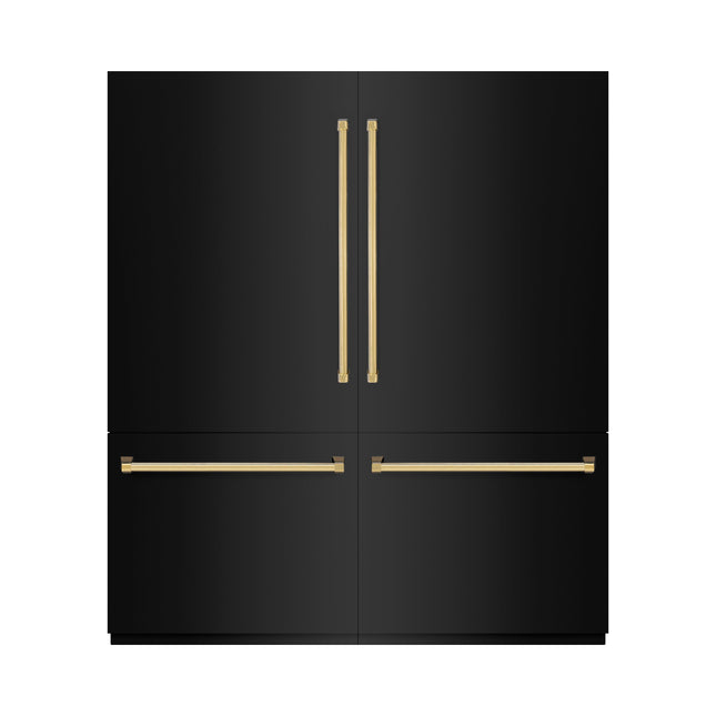ZLINE Autograph Edition 72 in. 39.6 cu. ft. French Door Built-In Bottom Freezer Refrigerator with Water Dispensers and Ice Makers in Black Stainless Steel and Polished Gold Accents (RBITZ-BS-72-G)
