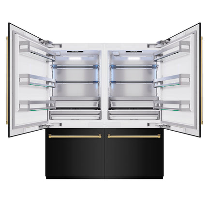 ZLINE Autograph Edition 72 in. 39.6 cu. ft. French Door Built-In Bottom Freezer Refrigerator with Water Dispensers and Ice Makers in Black Stainless Steel and Polished Gold Accents (RBITZ-BS-72-G)