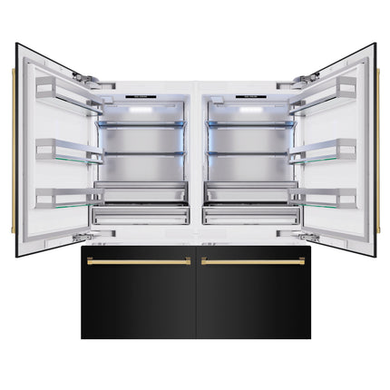 ZLINE Autograph Edition 72 in. 39.6 cu. ft. French Door Built-In Bottom Freezer Refrigerator with Water Dispensers and Ice Makers in Black Stainless Steel and Polished Gold Accents (RBITZ-BS-72-G)