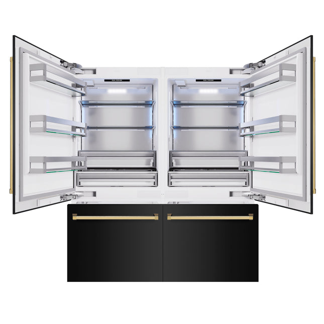 ZLINE Autograph Edition 72 in. 39.6 cu. ft. French Door Built-In Bottom Freezer Refrigerator with Water Dispensers and Ice Makers in Black Stainless Steel and Polished Gold Accents (RBITZ-BS-72-G)