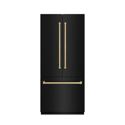 ZLINE Autograph Edition 36 in. 19.6 cu. ft. French Door Built-In Bottom Freezer Refrigerator with Water Dispenser and Ice Maker in Black Stainless Steel with Stainless Steel Interior and Champagne Bronze Accents (SRBIVZ-BS-36-CB)
