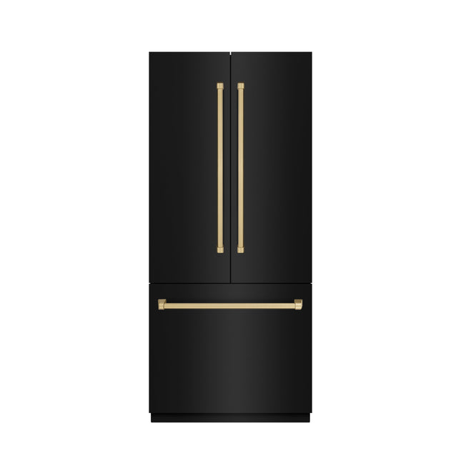 ZLINE Autograph Edition 36 in. 19.6 cu. ft. French Door Built-In Bottom Freezer Refrigerator with Water Dispenser and Ice Maker in Black Stainless Steel with Stainless Steel Interior and Champagne Bronze Accents (SRBIVZ-BS-36-CB)