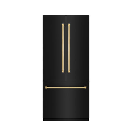 ZLINE Autograph Edition 36 in. 19.6 cu. ft. French Door Built-In Bottom Freezer Refrigerator with Water Dispenser and Ice Maker in Black Stainless Steel with Stainless Steel Interior and Polished Gold Accents (SRBIVZ-BS-36-G)