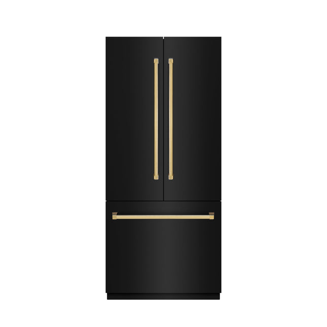 ZLINE Autograph Edition 36 in. 19.6 cu. ft. French Door Built-In Bottom Freezer Refrigerator with Water Dispenser and Ice Maker in Black Stainless Steel with Stainless Steel Interior and Polished Gold Accents (SRBIVZ-BS-36-G)