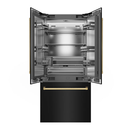 ZLINE Autograph Edition 36 in. 19.6 cu. ft. French Door Built-In Bottom Freezer Refrigerator with Water Dispenser and Ice Maker in Black Stainless Steel with Stainless Steel Interior and Polished Gold Accents (SRBIVZ-BS-36-G)