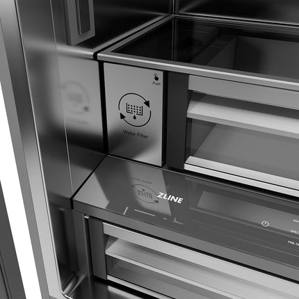 ZLINE Autograph Edition 36 in. 19.6 cu. ft. French Door Built-In Bottom Freezer Refrigerator with Water Dispenser and Ice Maker in Black Stainless Steel with Stainless Steel Interior and Champagne Bronze Helix Handles (SRBIVZ-BS36KCB)
