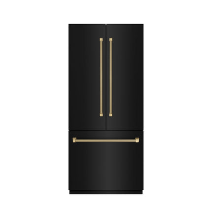 ZLINE Autograph Edition 36 in. 19.6 cu. ft. French Door Built-In Bottom Freezer Refrigerator with Water Dispenser and Ice Maker in Black Stainless Steel with Stainless Steel Interior and Champagne Bronze Helix Handles (SRBIVZ-BS36KCB)