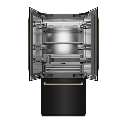 ZLINE Autograph Edition 36 in. 19.6 cu. ft. French Door Built-In Bottom Freezer Refrigerator with Water Dispenser and Ice Maker in Black Stainless Steel with Stainless Steel Interior and Champagne Bronze Helix Handles (SRBIVZ-BS36KCB)