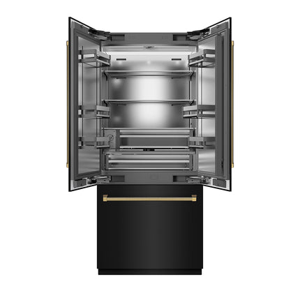 ZLINE Autograph Edition 36 in. 19.6 cu. ft. French Door Built-In Bottom Freezer Refrigerator with Water Dispenser and Ice Maker in Black Stainless Steel with Stainless Steel Interior and Polished Gold Helix Handles (SRBIVZ-BS36KG)