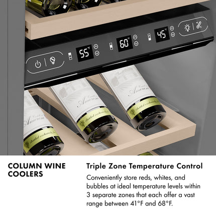 ZLINE Autograph Edition 24 in. 12.4 cu. ft. Triple Zone 100 Bottle Column Wine Cooler in Satin Stainless Steel and Polished Gold Accents (RCWVZ-SN-24-G)